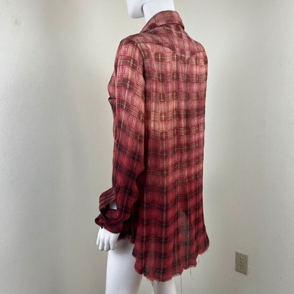Free People Womens Size XS Red Festival Plaid Distressed Button Up High Low Top - Picture 8 of 14